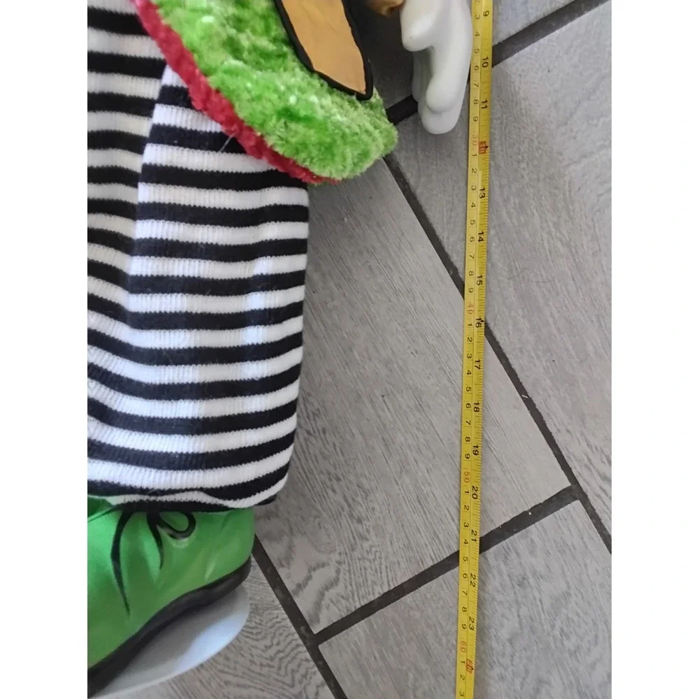 Vintage‎ 24 Inch Porcelain Clown Doll Green Fuzzy Jacket Striped Pants Stand